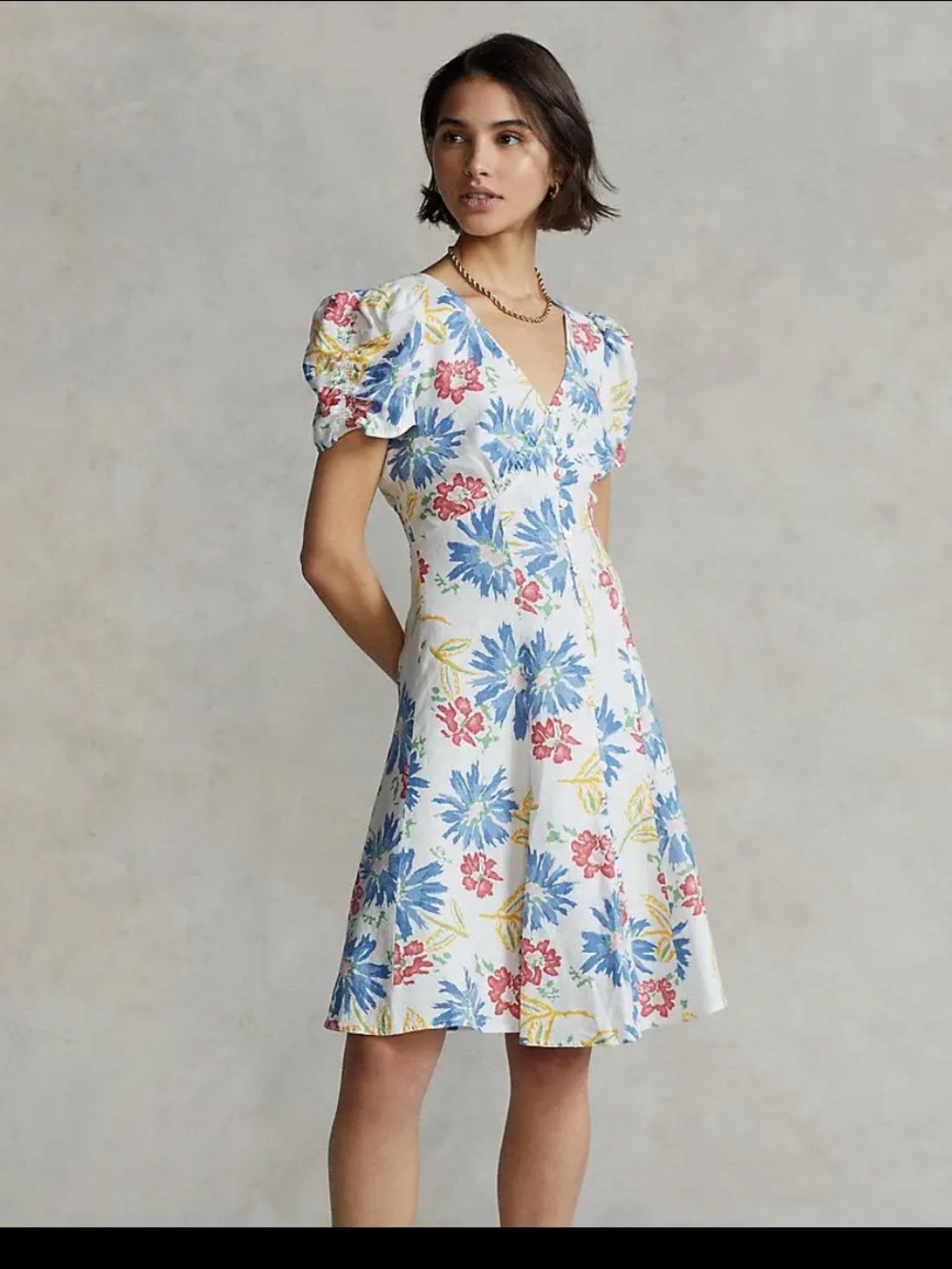Polo Ralph Lauren Tulum Floral Linen Dress Button-Front Puff Sleeve Sz 14